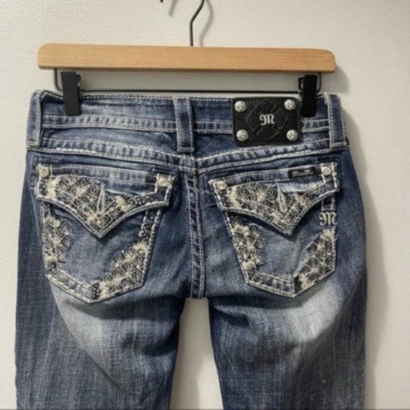 Miss Me Rhinestone Signature Cuffed Distressed Western Jean Capris Embellished - Picture 8 of 9